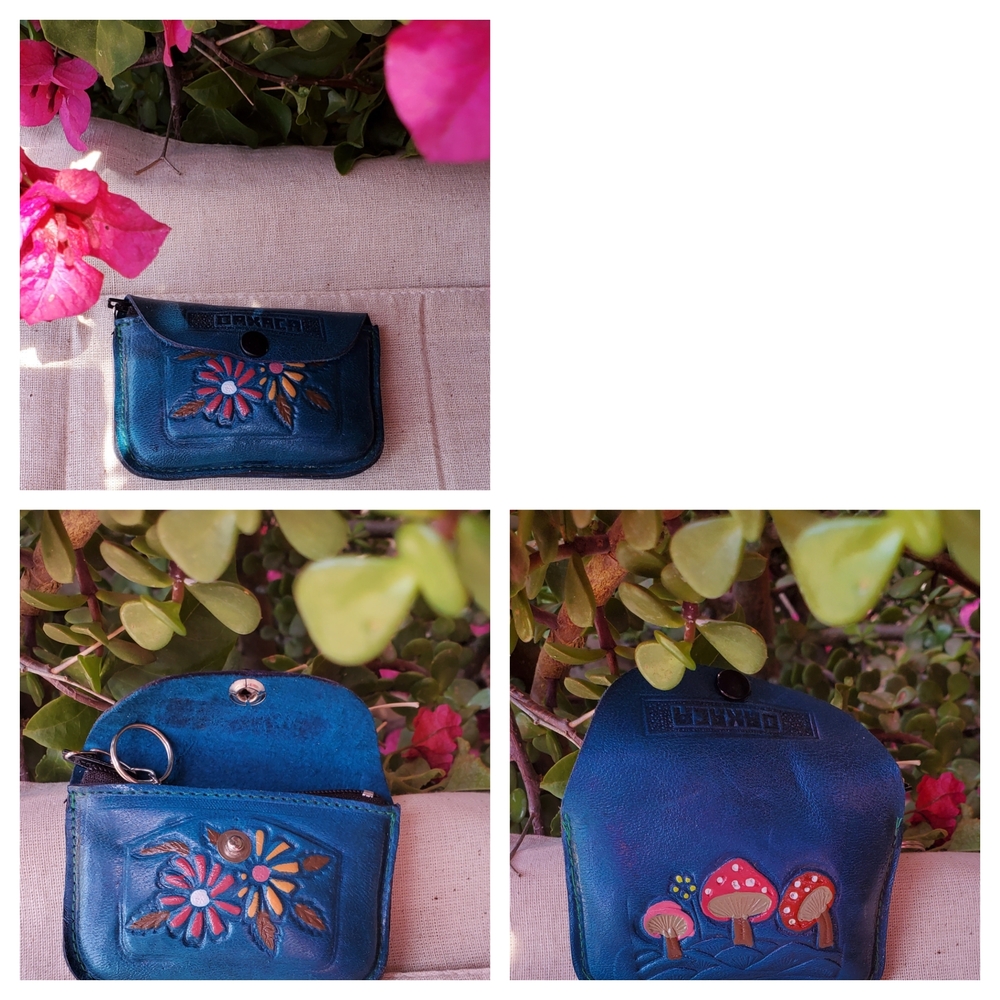 Blue Leather Coin Purse with Floral Design